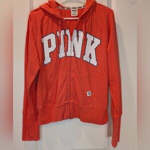 PINK Victoria’s Secret Zip Hoodie Coral Orange Logo Front Women’s Large